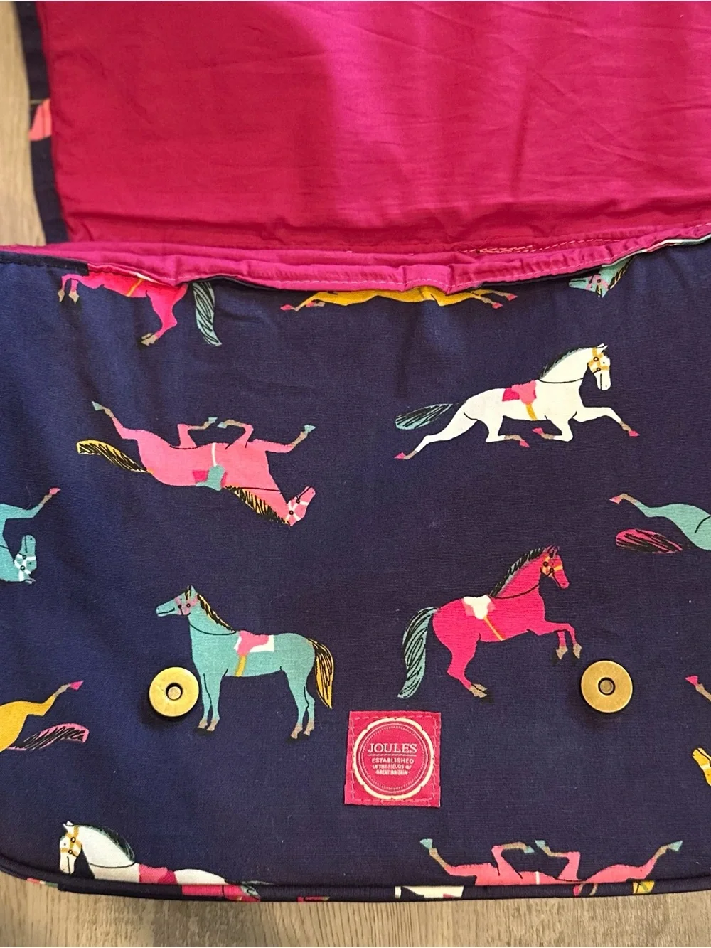 Joules Navy Crossbody Bag with Pink Strap and Multicolor Horse Print